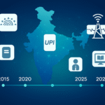 डिजिटल इंडिया 1.0 की उपलब्धियों का ग्राफ़िक – 2015 से 2025 तक आधार, UPI, भारतनेट और ई-गवर्नेंस माइलस्टोन।
