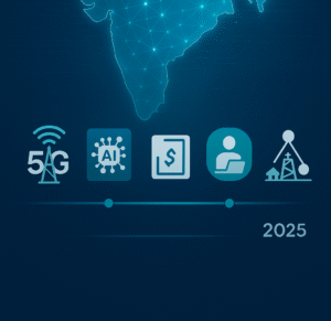 डिजिटल इंडिया 2.0 की योजनाओं का ग्राफिक – 5G, डिजिटल पेमेंट, AI ट्रेनिंग और ई-गवर्नेंस।