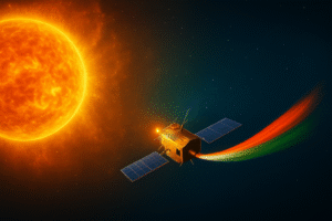 गहरे नीले अंतरिक्ष में चमकते नारंगी सूर्य के पास भारतीय उपग्रह सौर पैनलों और तिरंगे रंग की लहर के साथ।