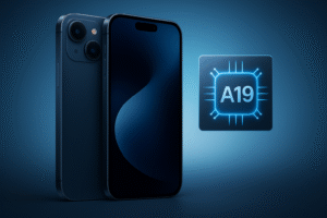 भविष्य की स्मार्टफोन तकनीक का चित्र – आधुनिक नेक्स्ट-जनरेशन स्मार्टफोन और A19 प्रोसेसर चिप का हाई-रेज़ोल्यूशन डिजिटल इल्युस्ट्रेशन, नीले ग्रेडिएंट बैकग्राउंड और हल्के लाइट इफेक्ट्स के साथ।