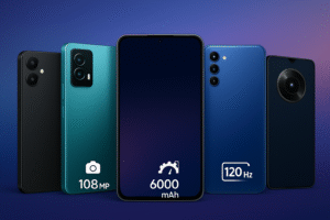 2025 के टॉप बजट स्मार्टफोन – 15000 रुपये से कम कीमत वाले बेहतरीन फोन का कोलाज।