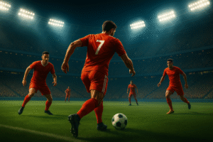 फ्लडलाइट्स से रोशन स्टेडियम में लाल जर्सी पहने फुटबॉल खिलाड़ी गेंद को ड्रिबल करते हुए, बैकग्राउंड में दर्शकों की भीड़।